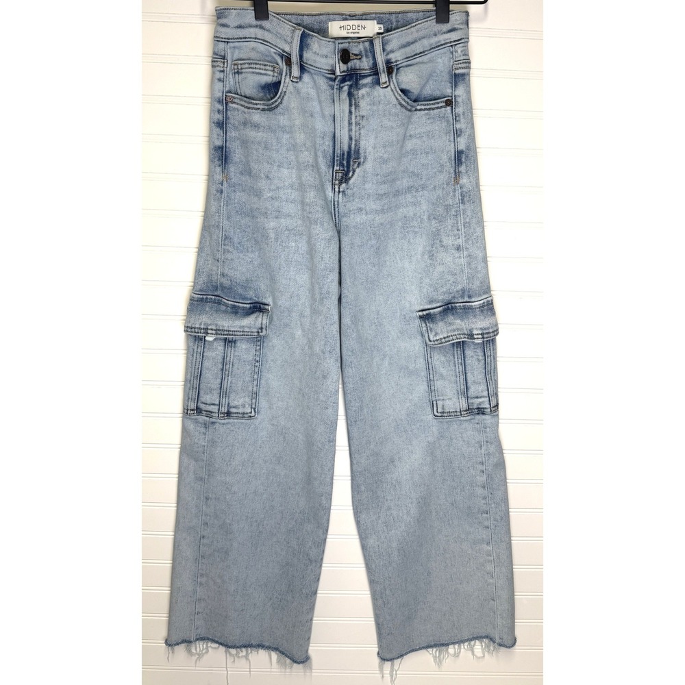 Hidden Jeans Wide Leg Cargo Jeans Light Wash Raw Hem Y2K Grunge Size 25 BK9384D
